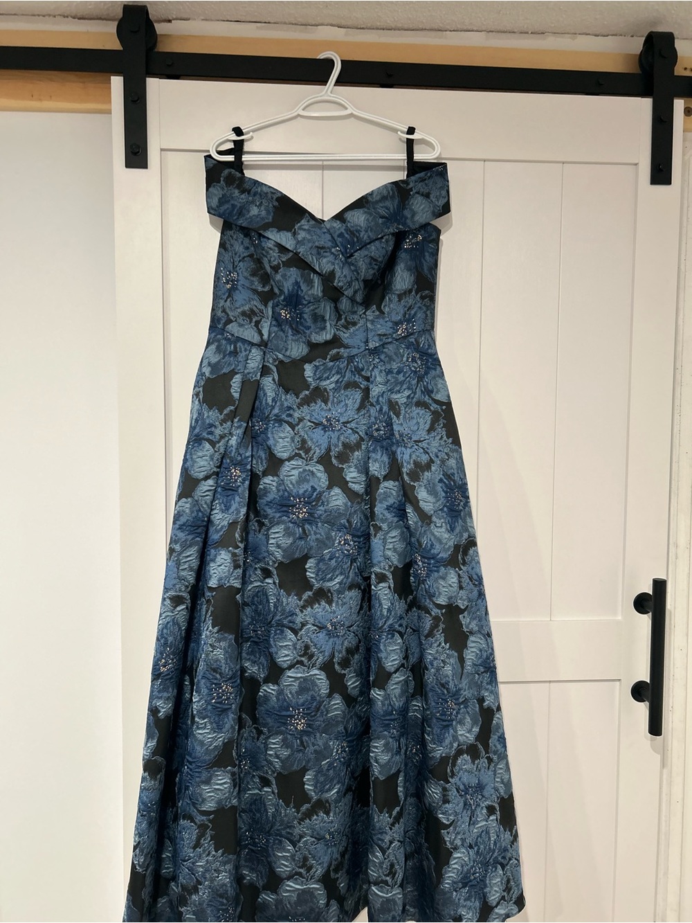 Oleg Cassini Blue Floral Off-Shoulder Prom Gown